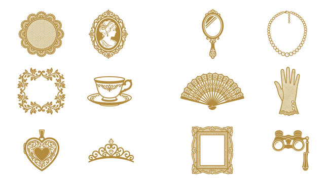 Vintage gold Victorian icons set featuring ornate mirror cameo teacup and lace accessories.