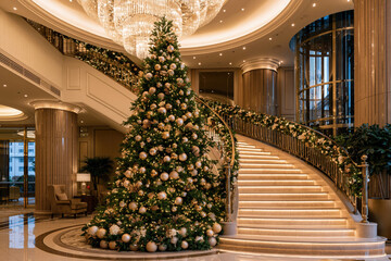 Naklejka premium Christmas tree in hotel lobby with staircase