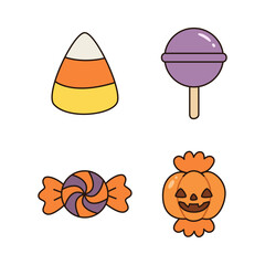 Fototapeta premium Halloween Candy Treats Set with Candy Corn Lollipop Wrapped Sweets Vector Isolated Illustration