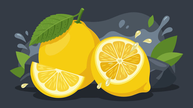 Vector illustration featuring fresh yellow lemons with a whole fruit and leaf, a halved lemon, and a slice, arranged on dark stones with stylized juice splashes and water drops.