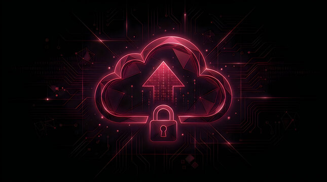 Secure cloud upload icon with digital padlock and data transfer arrow on dark background