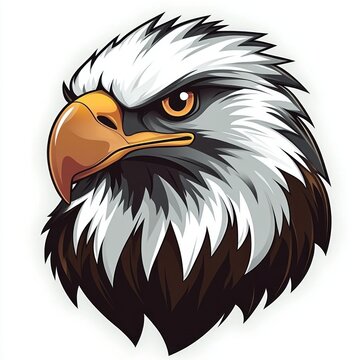 stylized illustrated bald eagle head with white and dark brown feathers, golden hooked beak and intense amber eye conveying fierce, determined pride