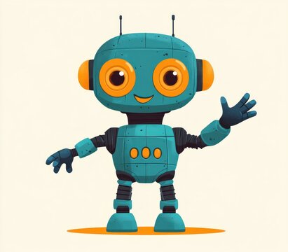 cheerful teal robot with large orange eyes, antennas, three chest buttons and segmented limbs waving a friendly hello while standing on an orange shadow against a cream background