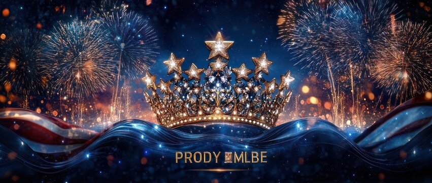 ornate golden star-studded crown with jewels resting on blue silk draped by red and white ribbons, fireworks bursting in the night sky, sparkling lights and a triumphant celebratory mood