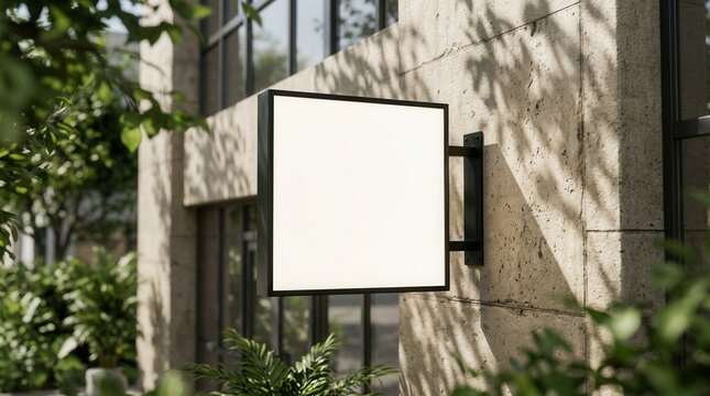 Empty square light box display mock up on a beige concrete wall outdoors
