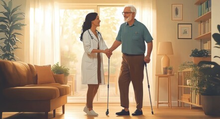 Fototapeta premium compassionate female healthcare worker in white coat with stethoscope supporting an elderly man with walking sticks in a sunlit cozy living room, warm caring moment