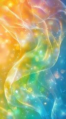 Obraz premium translucent flowing iridescent ribbons with sparkling particles and soft bokeh, dreamy luminous color gradient evoking wonder and serene calm