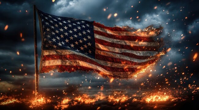 tattered american flag engulfed in flames and embers on a scorched pole under a stormy, dramatic sky, evoking anger and destruction