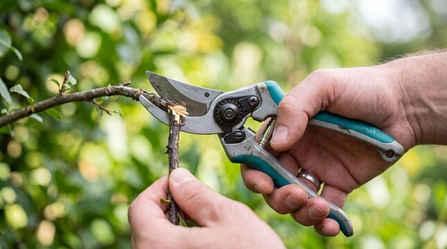 Gardener's skilled hands expertly pruning a tree branch with precision shears for healthy plant growth and vibrant foliage