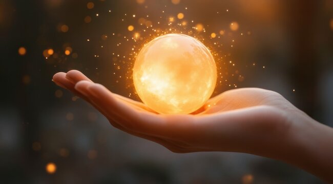 human hand cradling a warm glowing golden orb with floating sparkles and soft bokeh, evoking wonder and serene magic