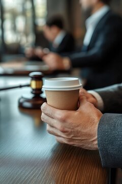 close-up of hands holding a disposable coffee cup beside a wooden gavel on a table with suited figures blurred in the background, conveying tense focused professionalism
