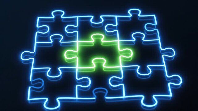 Glowing neon puzzle pieces with one central green piece representing unique solutions and teamwork