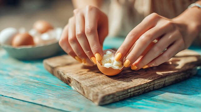 Hands preparing soft boiled egg on wooden board with cozy yellow knit sweater