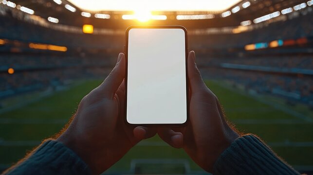 hands holding a smartphone with blank screen overlooking a packed stadium at sunset, glowing sun glare and excited matchday atmosphere