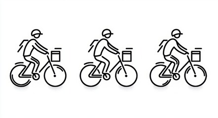 Naklejka premium three identical minimalist line-drawn cyclists on bicycles with helmets, backpacks and front delivery boxes on a white background conveying motion and repetition