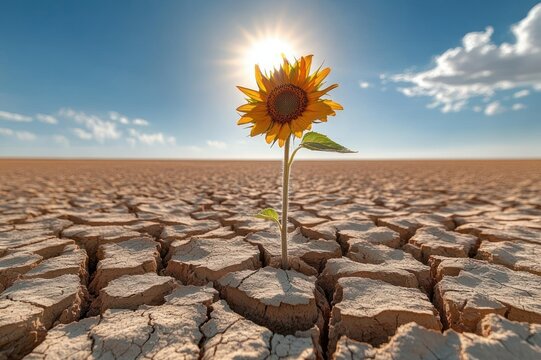 Lone sunflower blooming from cracked parched earth under a bright sun and blue sky, conveying resilience and hopeful survival
