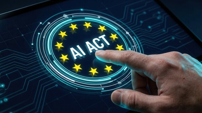Human hand interacting with a futuristic holographic AI Act interface and EU stars on a digital screen background.