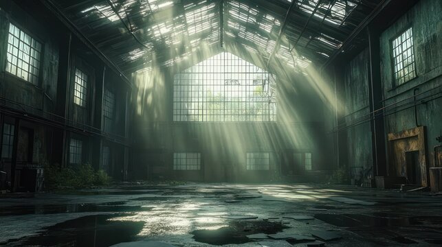 sunlit abandoned warehouse interior with cracked puddled floor, beams of light through broken roof and large industrial windows, overgrown greenery and decayed walls, quiet melancholic mood
