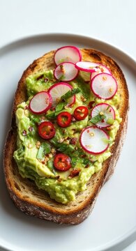 Vibrant avocado toast on crusty artisan bread topped with sliced radishes, red chili, fresh herbs and chili flakes on a white plate, bright and appetizing
