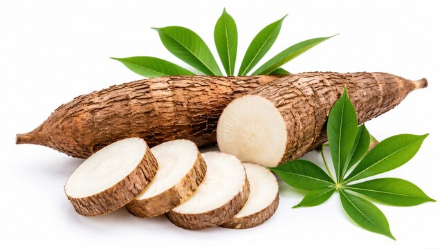 Cassava tuber whole and sliced with leaves on white background