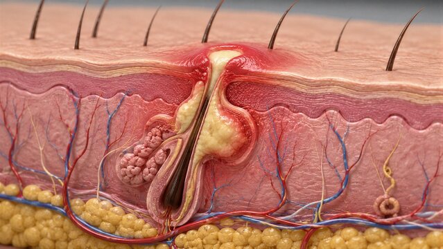 Hair follicle infected with cyst under skin cross section