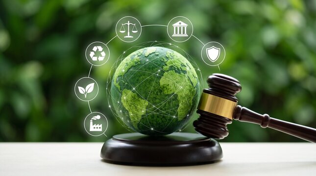 Environmental law concept with globe, judge gavel, and green sustainability icons