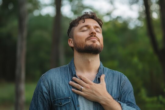 person in a denim shirt standing in a green forest with a pixelated blurred face, hand on chest wearing a ring, looking upward in a contemplative peaceful pose
