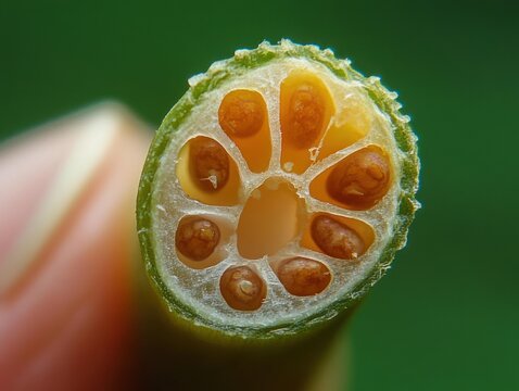 macro close-up of a sliced green plant stem showing inner pith and small seeds held between fingertips, evoking curiosity