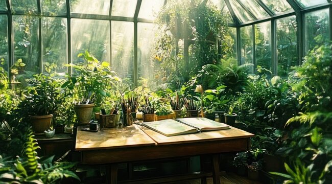 sunlit glass greenhouse filled with lush potted plants and vines around a wooden table holding an open sketchbook and jars of brushes and pencils, peaceful inspired atmosphere