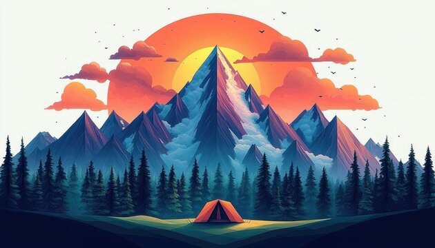 Solitary orange tent in a pine clearing beneath towering blue mountain peaks and a glowing orange sun with puffy clouds and birds overhead &mdash; serene, majestic camping scene