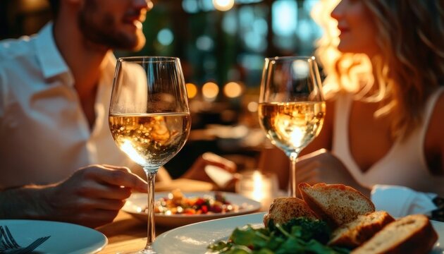 couple enjoying an intimate candlelit restaurant dinner with two glasses of white wine, plates of salad and bread on a warmly lit table with soft bokeh lights