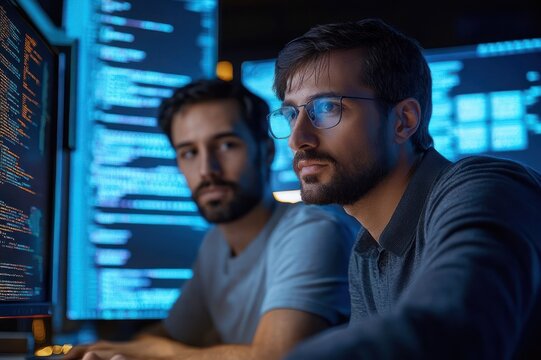 two programmers at multiple monitors filled with code in a dimly lit office, focused and serious as they collaborate on debugging and problem solving