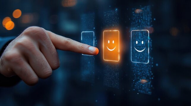 hand touching holographic interface to select glowing orange smiling face among three digital emoticon cards, conveying positive feedback and satisfaction