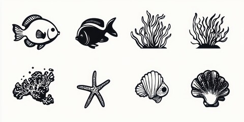 Obraz premium playful monochrome sea icon set showing two fish, two seaweed clusters, coral, a starfish and two seashells on a pale background