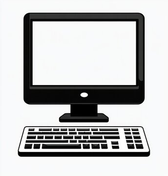 Minimal black desktop computer with blank white monitor, stand and keyboard on white background conveying a calm neutral workspace