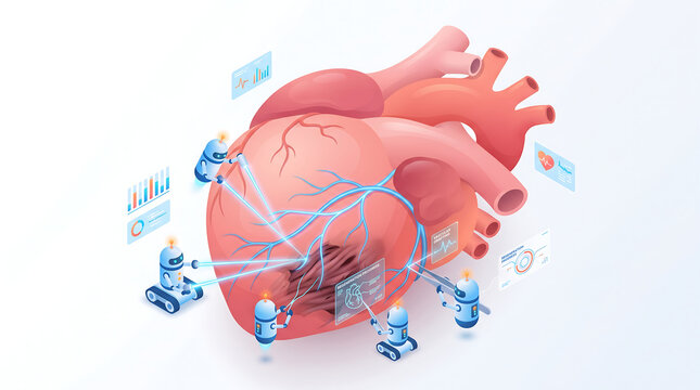 Isometric Medical Vector Illustration of Tiny Robots Repairing Human Heart with Lasers and Digital HUD Dashboards