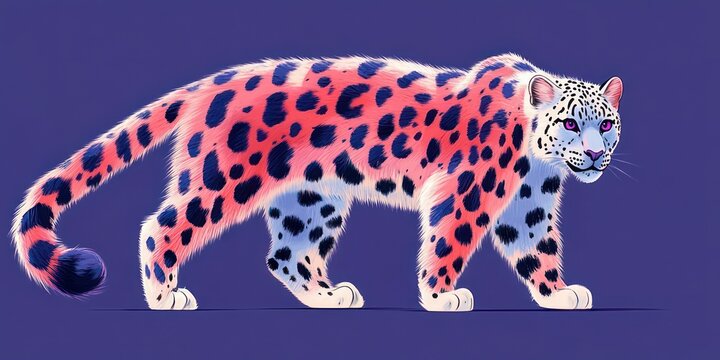 Pink and purple spotted snow leopard-like big cat with white underbelly walking across a flat surface on a solid purple background, curious confident expression