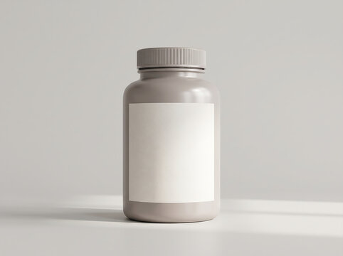 A blank mockup of a plastic supplement pill bottle with white label for branding design transparent background