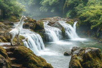 Naklejka premium white llama standing on moss-covered rocks beside a cascading waterfall in a misty green forest, gazing into the tranquil peaceful scene