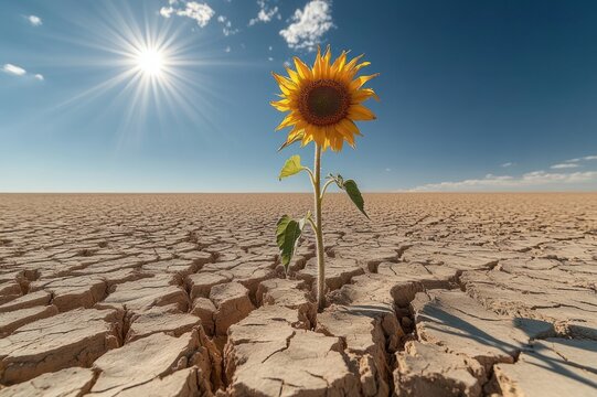 single vibrant sunflower standing tall on cracked dry earth under a blazing sun and blue sky, evoking resilience and hope