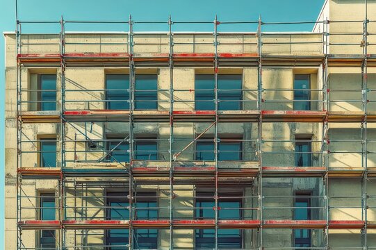 sunlit multistory building facade covered by metal scaffolding grid with rectangular windows and sharp shadows, evoking orderly renovation and industrial calm