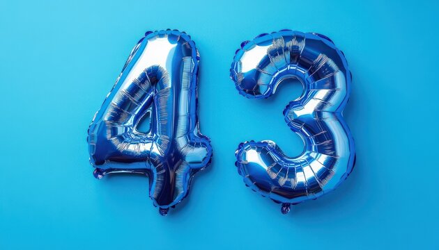 Two shiny metallic blue foil balloons shaped like the numbers 4 and 3 on a bright blue background, festive celebratory mood