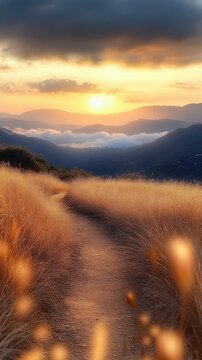 golden grassy path winding through hills toward a glowing sun over mist-filled valleys and layered mountains, peaceful and serene