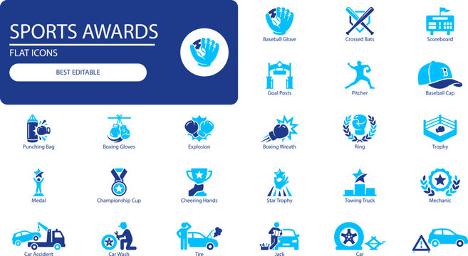 Sports awards and competition icons set. Silhouette vector illustration of trophy, medal, boxing gloves, and baseball symbols for game design.