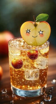 sparkling apple beverage in a tumbler with ice and floating mini apples, heart-shaped apple slice garnish with smiling face and starry eyes, warm cheerful and whimsical mood
