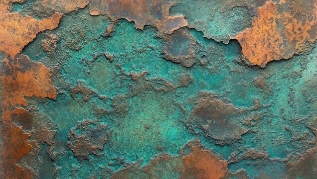 weathered corroded metal surface with turquoise green patina and flaking orange rust, peeling layered texture evoking decay and time-worn grit