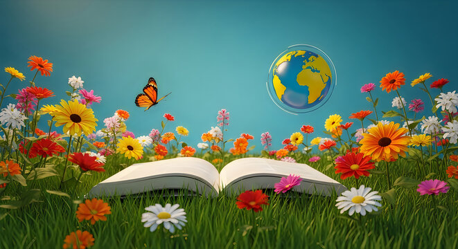 Open book in a vibrant flower field with a glowing earth globe and butterfly