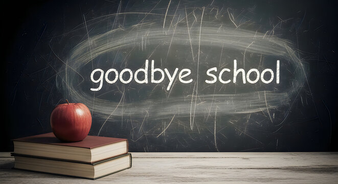 Goodbye school message written on a chalkboard with an apple and books