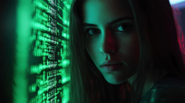woman face closeup with green digital code background