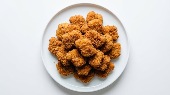 A pile of crispy golden fried chicken nuggets served on a white plate isolated on white background
